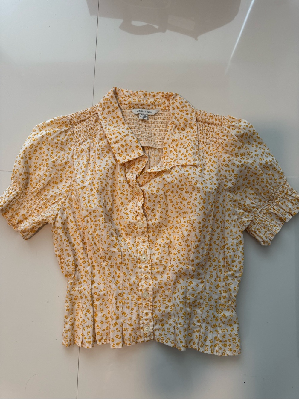 Yellow Floral Button-Front Short Sleeve Crop Top